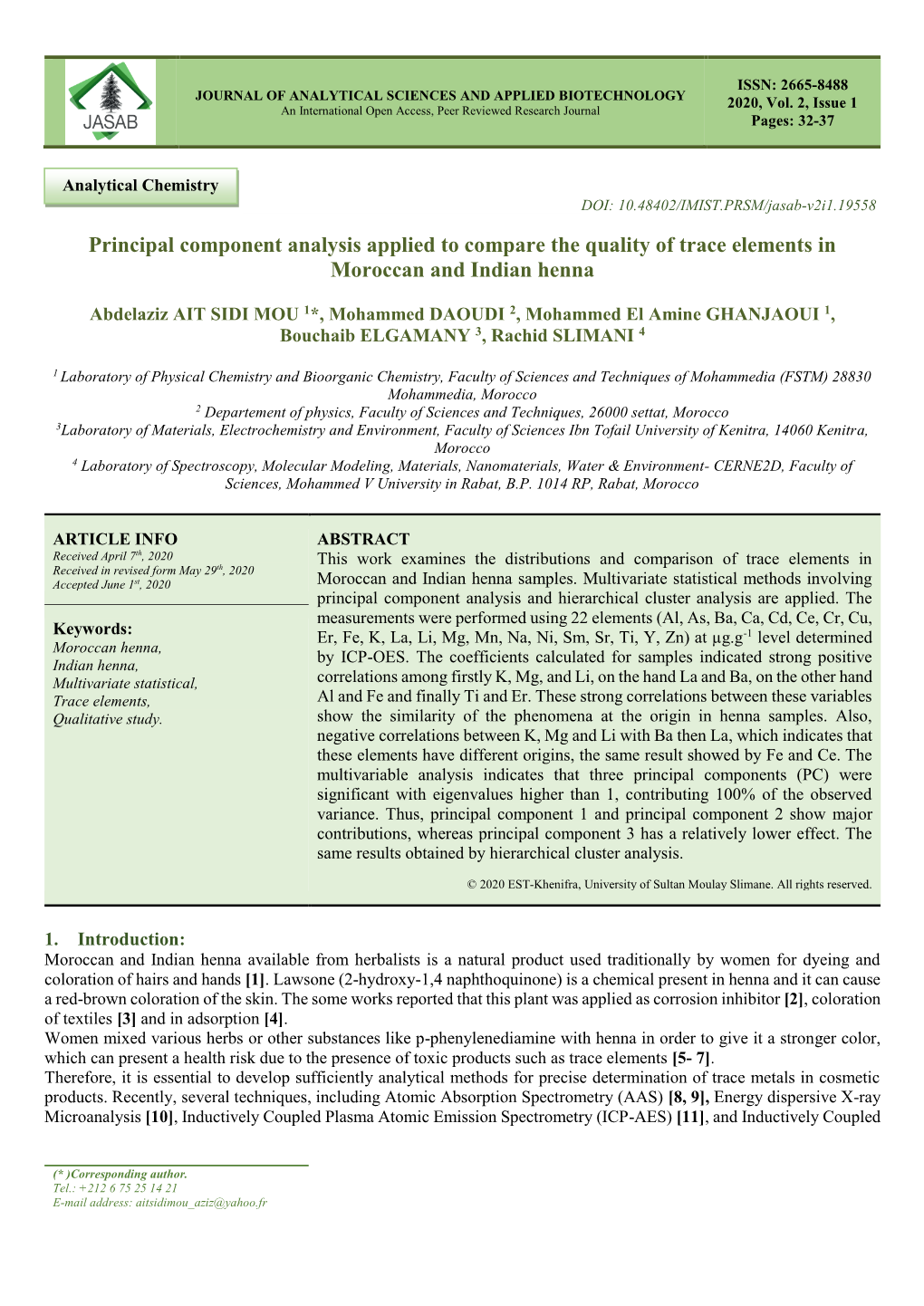 Principal Component Analysis Applied to Compare the Quality of Trace Elements in Moroccan and Indian Henna