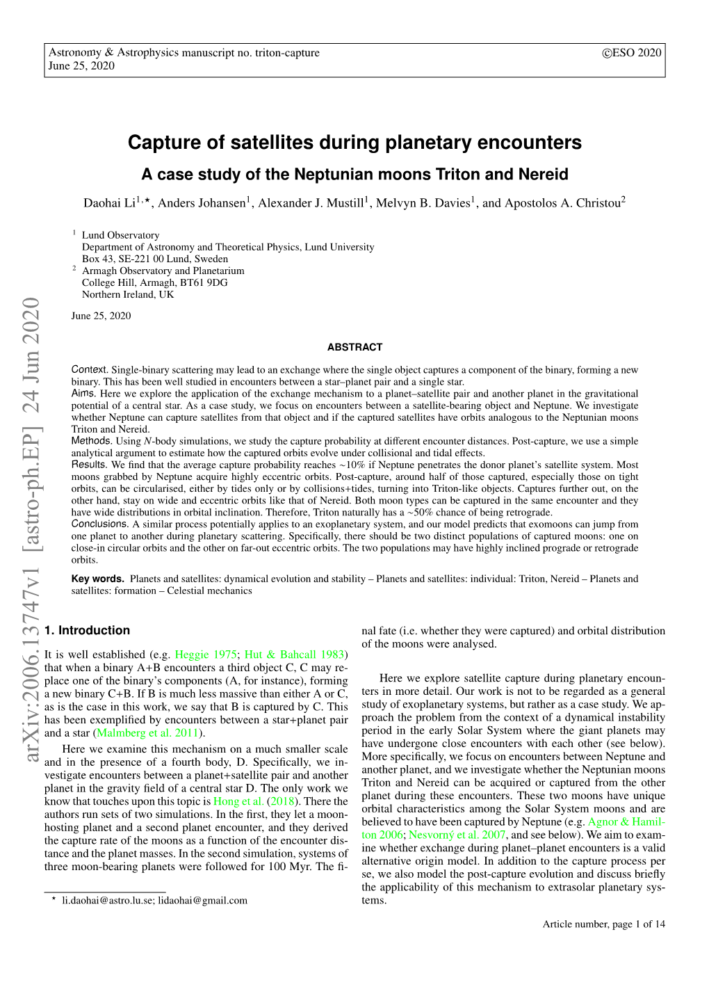 Arxiv:2006.13747V1 [Astro-Ph.EP] 24 Jun 2020 and in the Presence of a Fourth Body, D