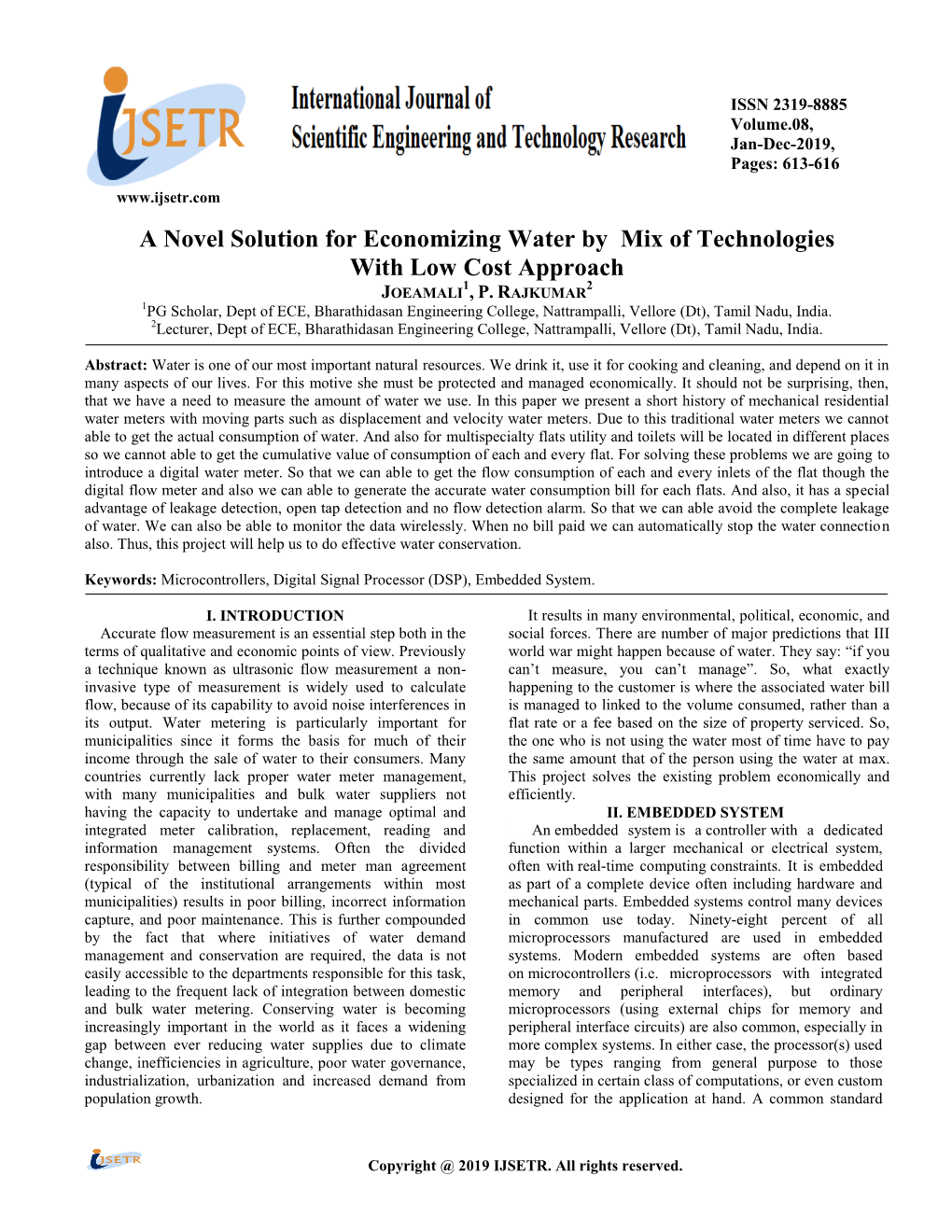 A Novel Solution for Economizing Water by Mix of Technologies with Low Cost Approach 1 2 JOEAMALI , P