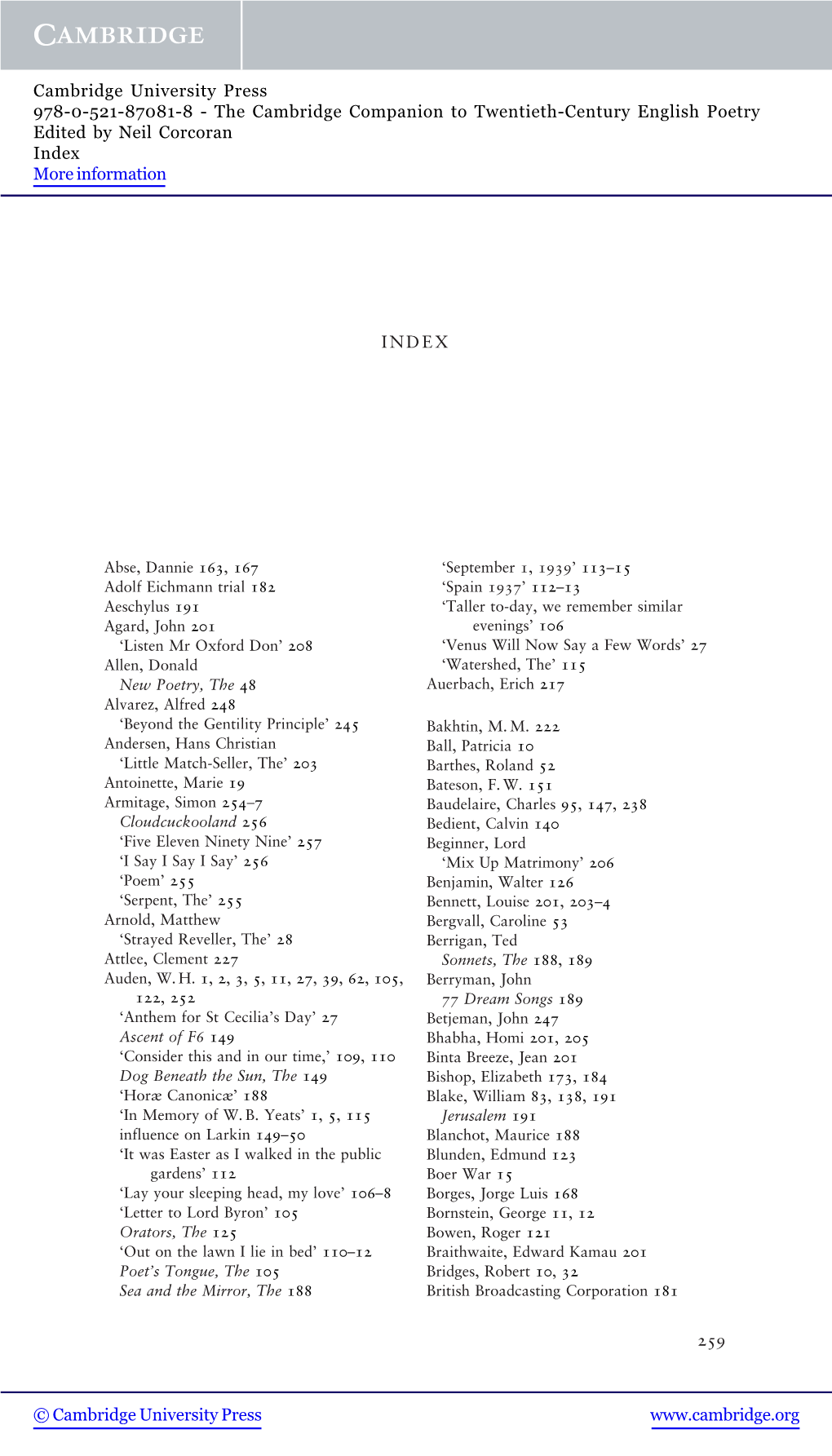 The Cambridge Companion to Twentieth-Century English Poetry Edited by Neil Corcoran Index More Information