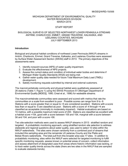 Michigan Department of Environmental Quality Water Resources Division March 2015 Staff Report Biological Surveys of Selected