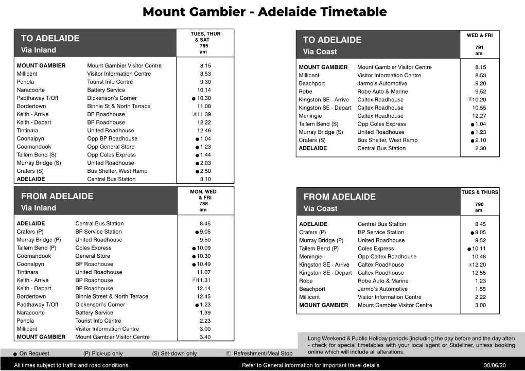 Mount Gambier - Adelaide Timetable