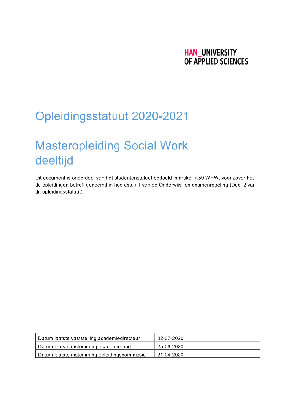 Opleidingsstatuut 2020-2021 Masteropleiding Social Work Deeltijd