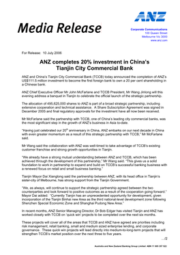 ANZ Completes 20% Investment in China's Tianjin City Commercial Bank