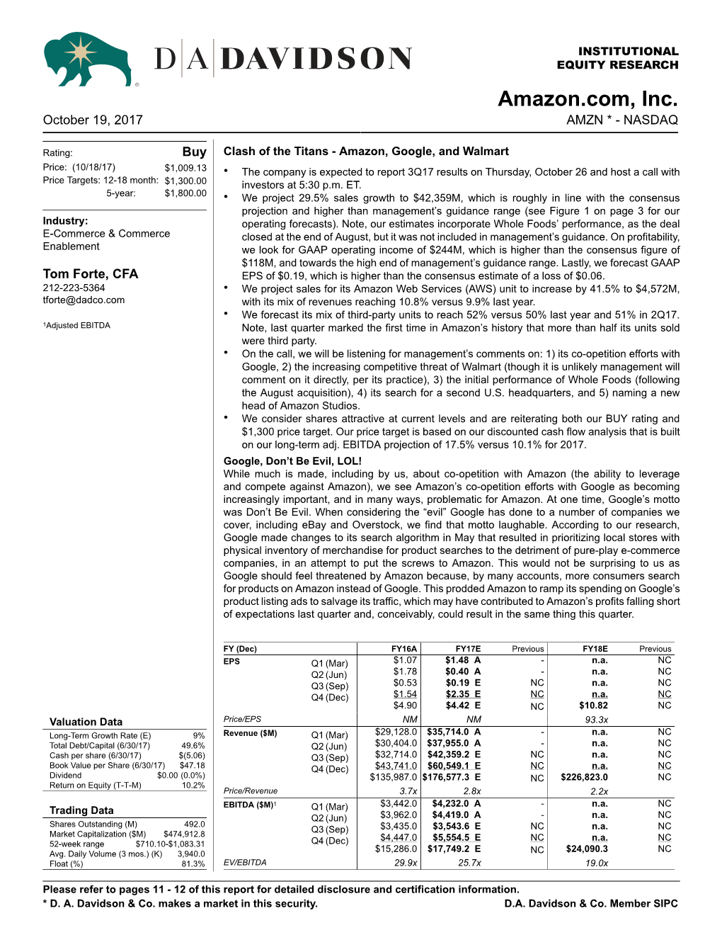 Amazon.Com, Inc. October 19, 2017 AMZN * - NASDAQ