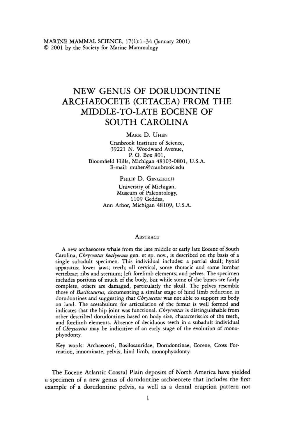 New Genus of Dorudontine Archaeocete (Cetacea) from the Middle-To-Late Eocene of South Carolina Markd