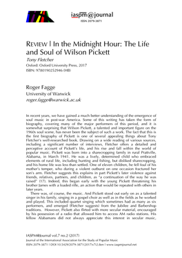 REVIEW | in the Midnight Hour: the Life and Soul of Wilson Pickett Tony Fletcher Oxford: Oxford University Press, 2017 ISBN: 9780190252946 (HB)