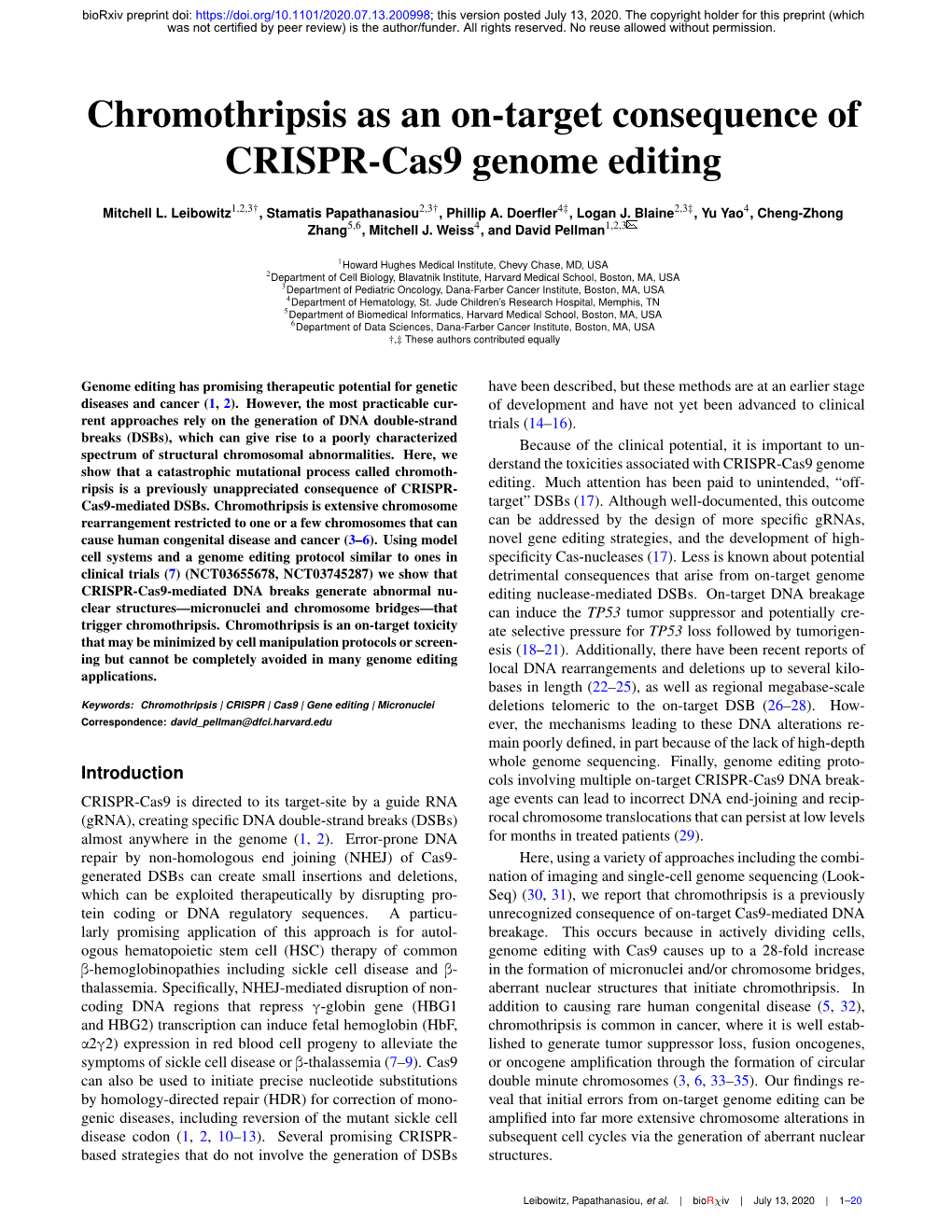 Chromothripsis As an On-Target Consequence of CRISPR-Cas9 Genome Editing