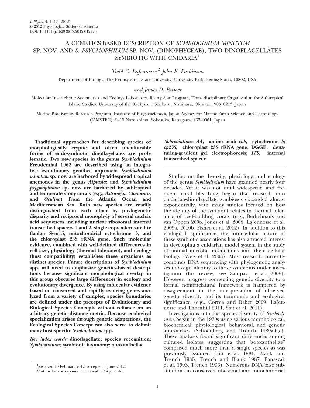 A Geneticsbased Description of Symbiodinium Minutum Sp. Nov