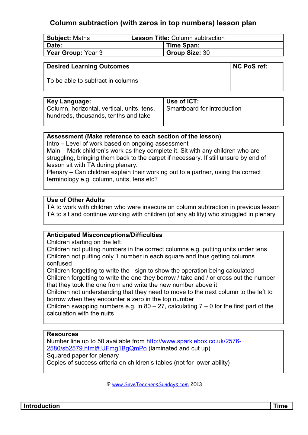 Column Subtraction (With Zeros in Top Numbers) Lesson Plan