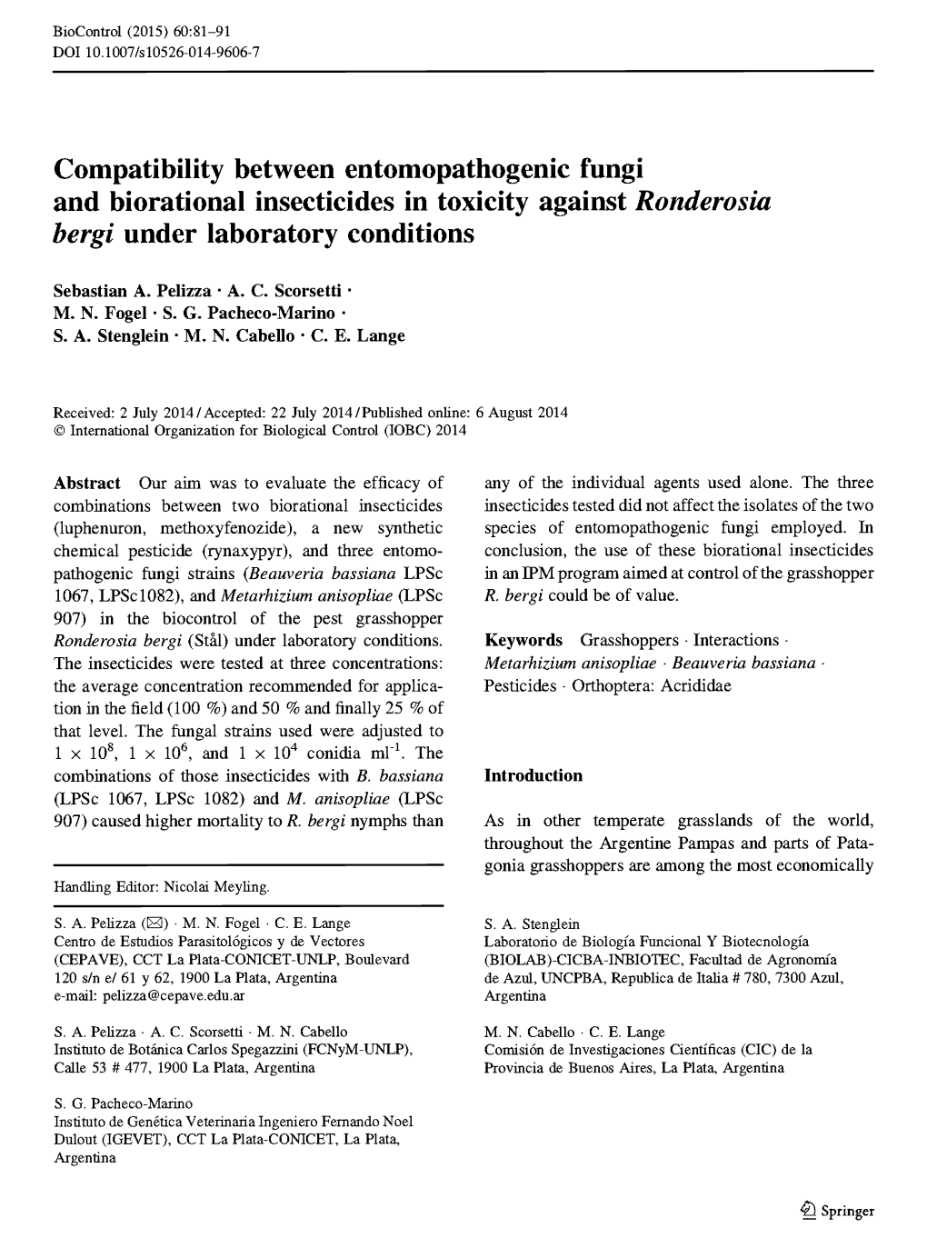 Compatibility Between Entomopathogenic Fungi and Biorational Insecticides in Toxicity Against Ronderosia, Bergi Under Laboratory Conditions
