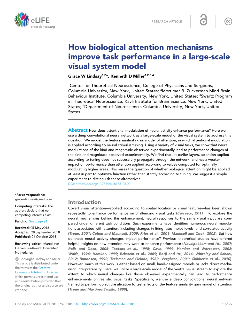 How Biological Attention Mechanisms Improve Task Performance in a Large-Scale Visual System Model Grace W Lindsay1,2*, Kenneth D Miller1,2,3,4