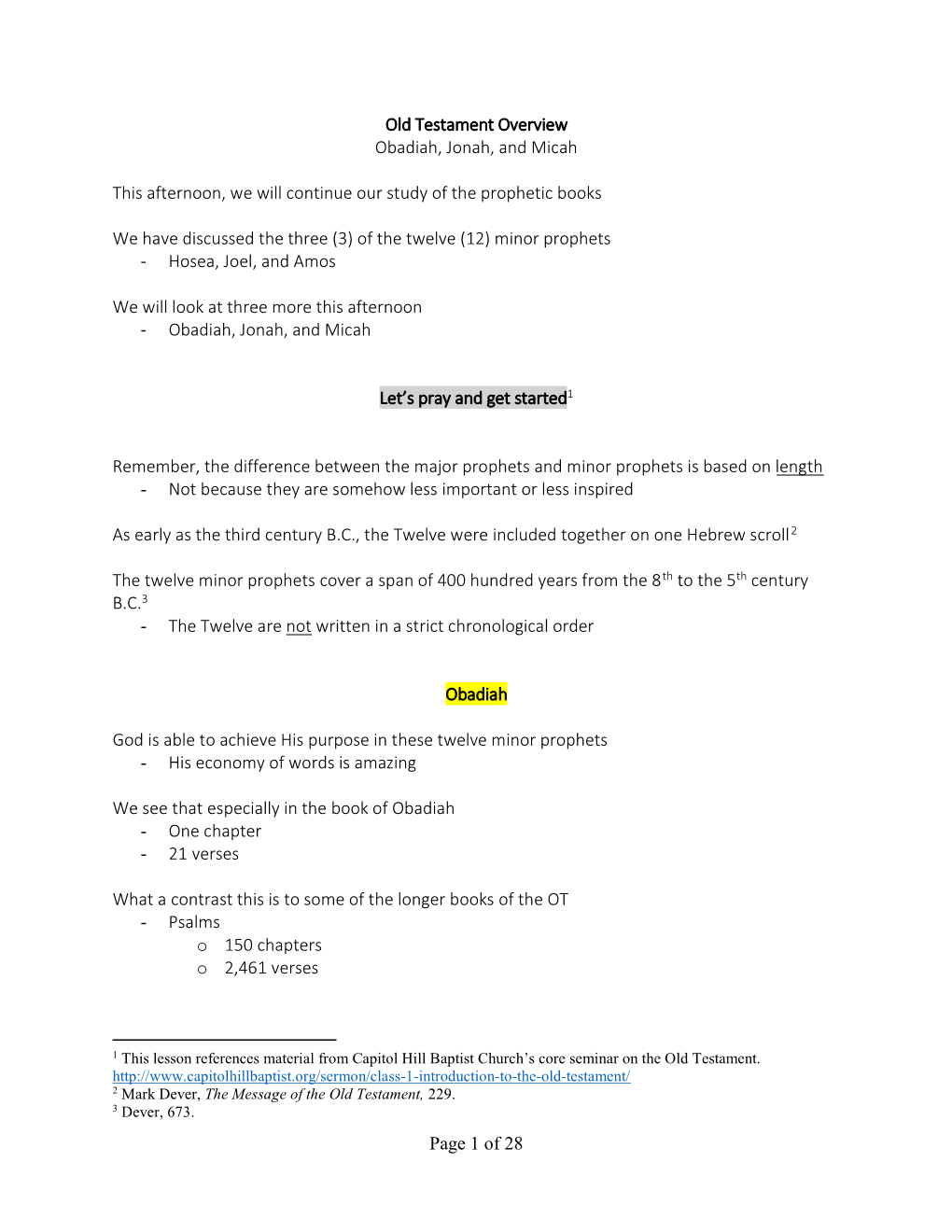 Page 1 of 28 Old Testament Overview Obadiah, Jonah, and Micah This