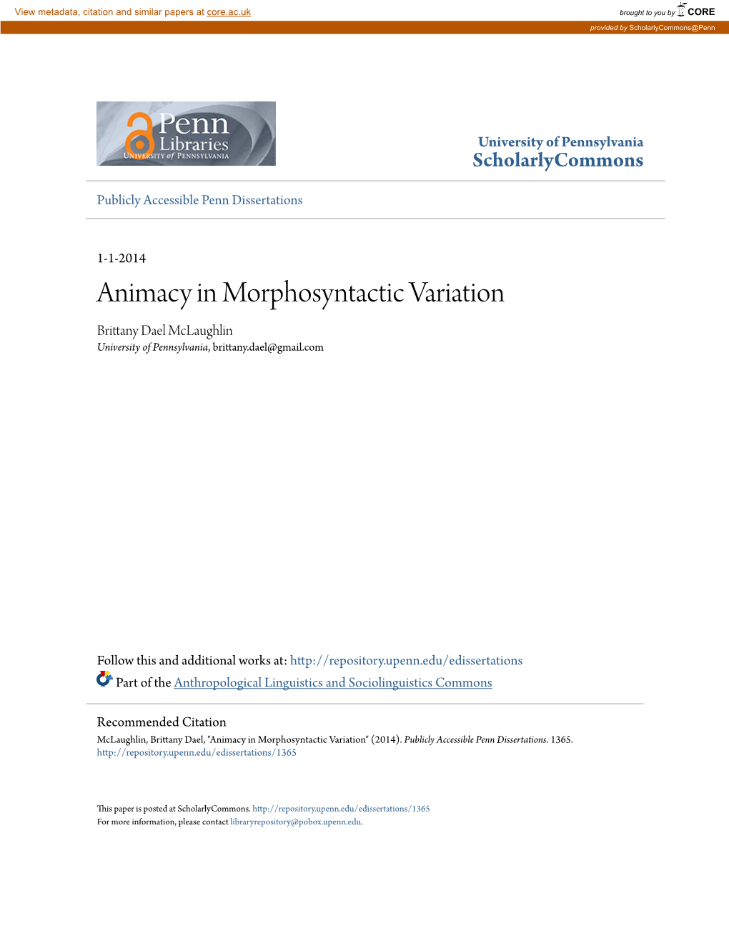 Animacy in Morphosyntactic Variation Brittany Dael Mclaughlin University of Pennsylvania, Brittany.Dael@Gmail.Com