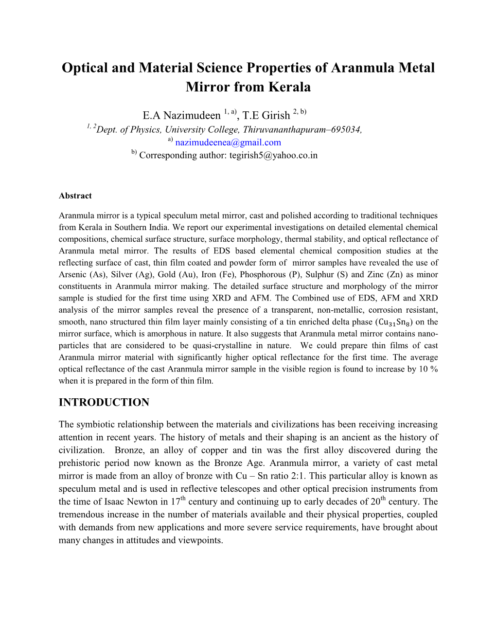Optical and Material Science Properties of Aranmula Metal Mirror from Kerala