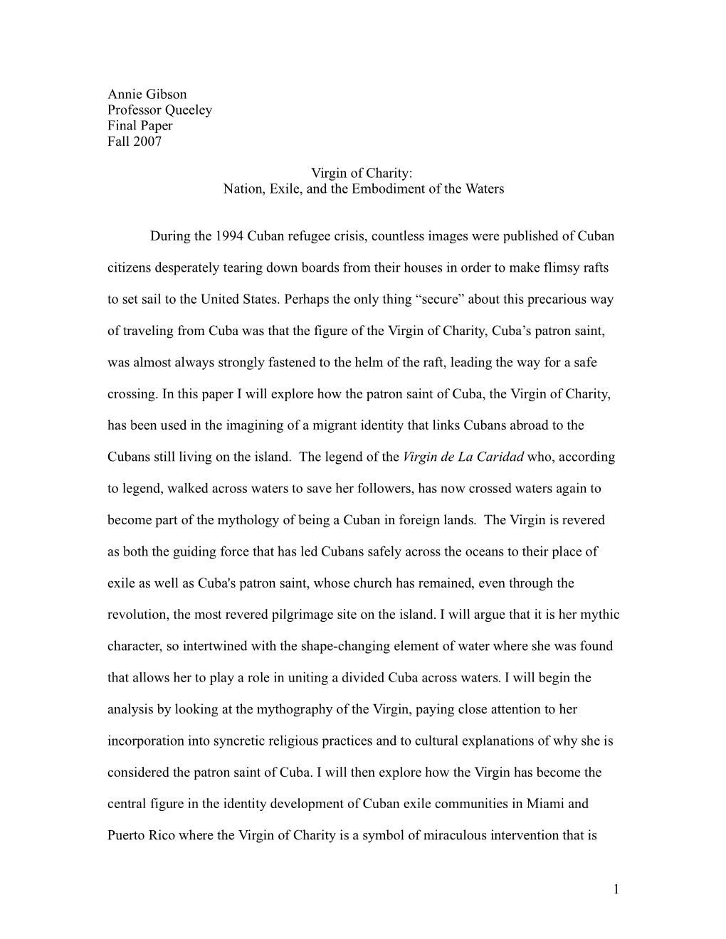 Annie Gibson Professor Queeley Final Paper Fall 2007 Virgin Of