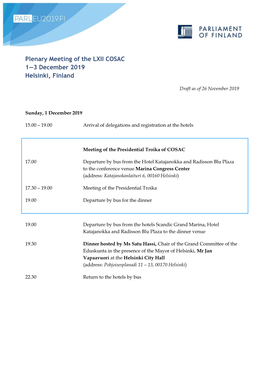 Plenary Meeting of the LXII COSAC 1—3 December 2019 Helsinki, Finland