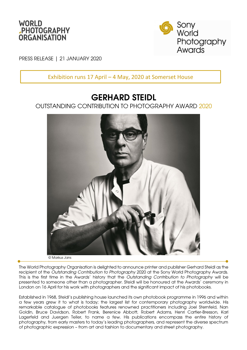 Gerhard Steidl Outstanding Contribution to Photography Award 2020