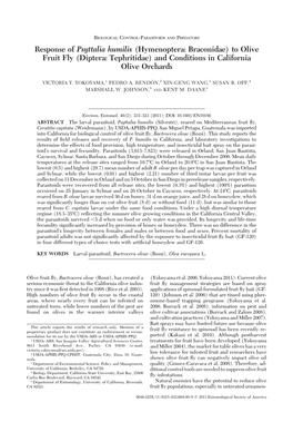 Response of Psyttalia Humilis (Hymenoptera: Braconidae) to Olive Fruit Fly (Diptera: Tephritidae) and Conditions in California Olive Orchards