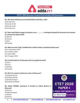 HTET 2020 Haryana General Knowledge 100 Questions
