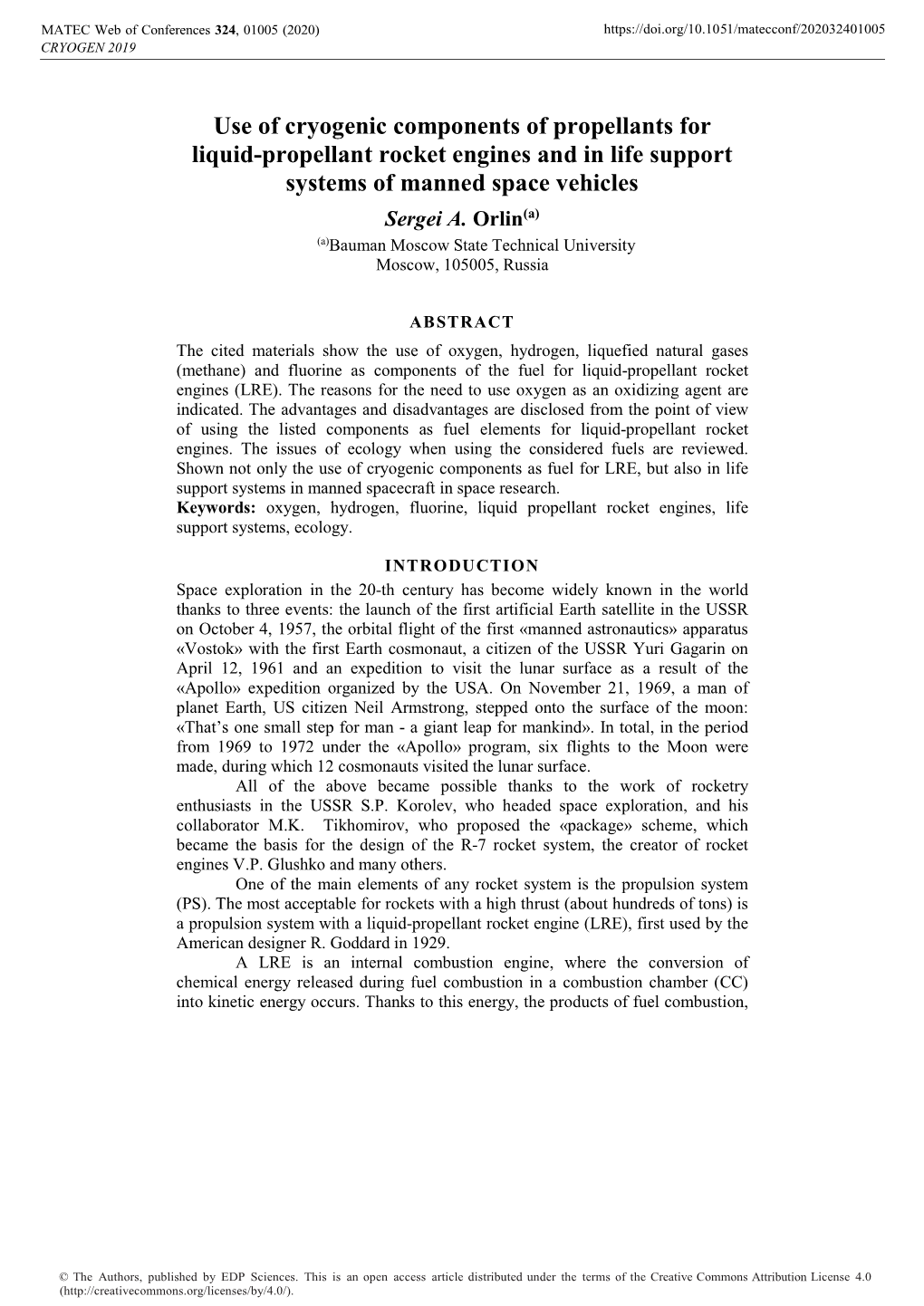 Use of Cryogenic Components of Propellants for Liquid-Propellant Rocket Engines and in Life Support Systems of Manned Space Vehicles Sergei A