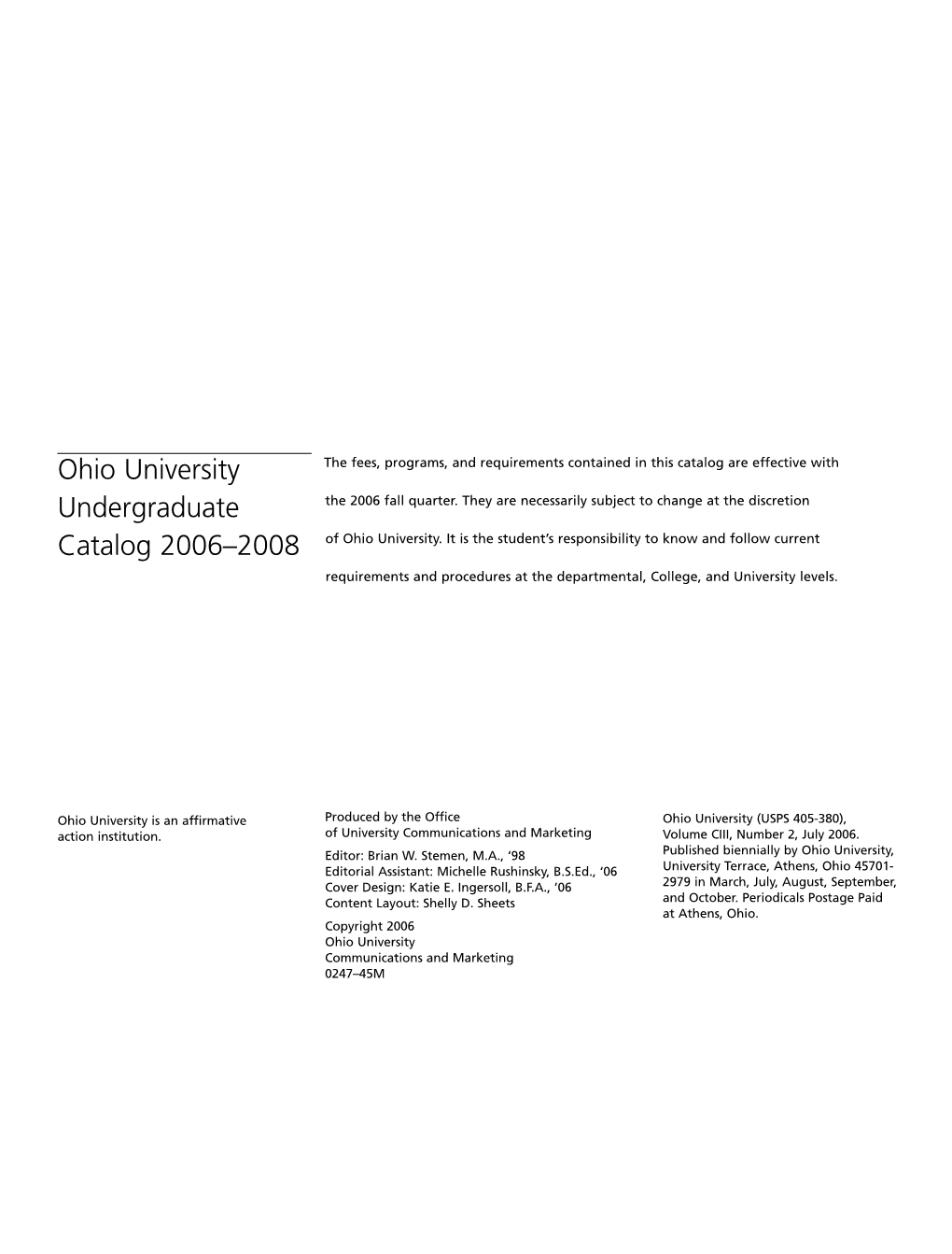 Ohio University Undergraduate Catalog 2006–2008