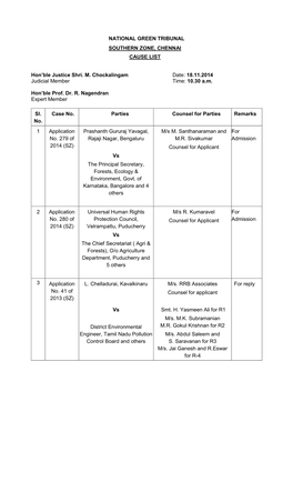 National Green Tribunal Southern Zone, Chennai Cause List