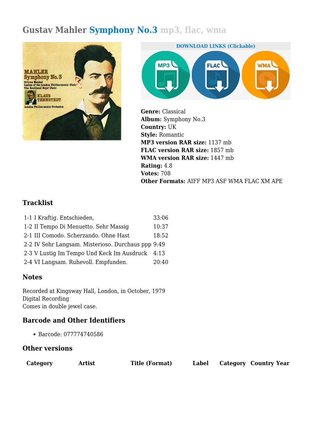 Gustav Mahler Symphony No.3 Mp3, Flac, Wma