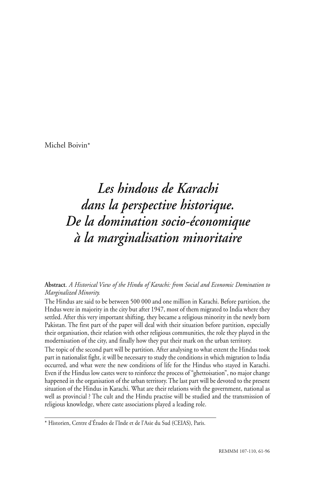 Les Hindous De Karachi Dans La Perspective Historique. De La Domination Socio-Économique À La Marginalisation Minoritaire