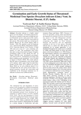 Germination and Early Growth Status of Threatened Medicinal Tree Species Oroxylum Indicum (Linn.) Vent