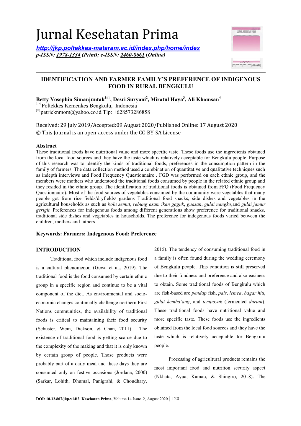 Jurnal Kesehatan Prima P-ISSN: 1978-1334 (Print); E-ISSN: 2460-8661 (Online)