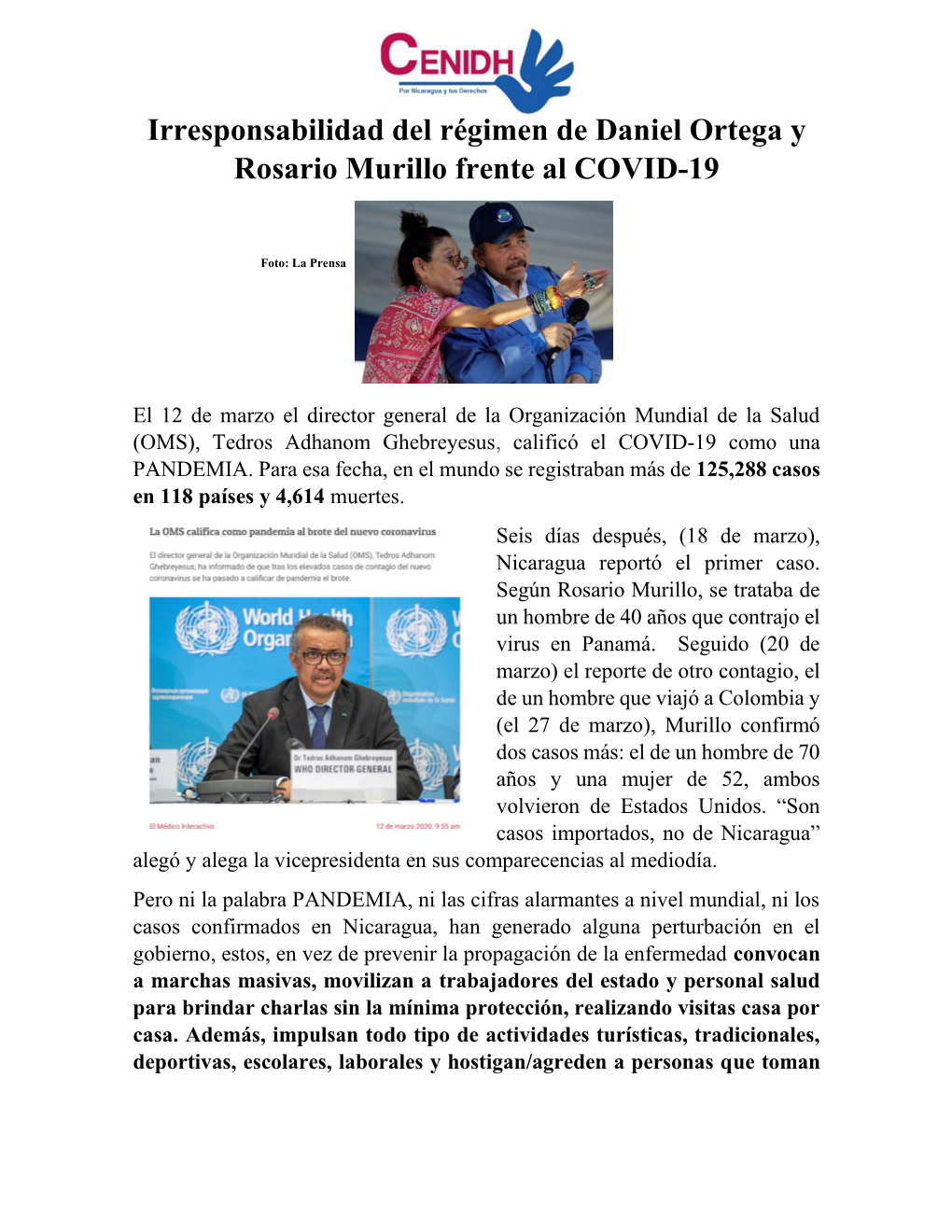 Irresponsabilidad Del Régimen De Daniel Ortega Y Rosario Murillo Frente Al COVID-19