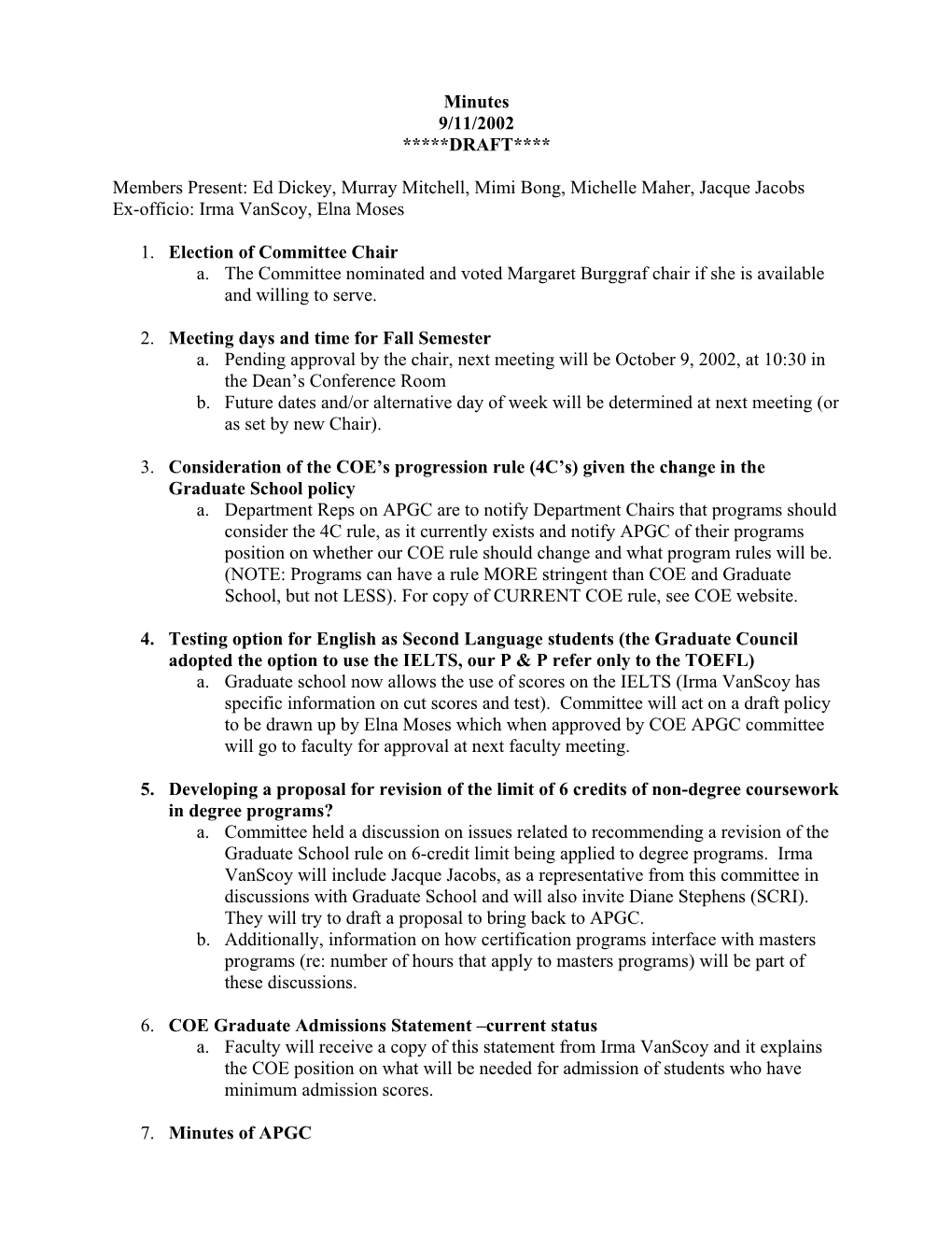 Minutes 9/11/2002 *****DRAFT**** Members Present: Ed Dickey, Murray Mitchell, Mimi Bong, Michelle Maher, Jacque Jacobs Ex-Offici