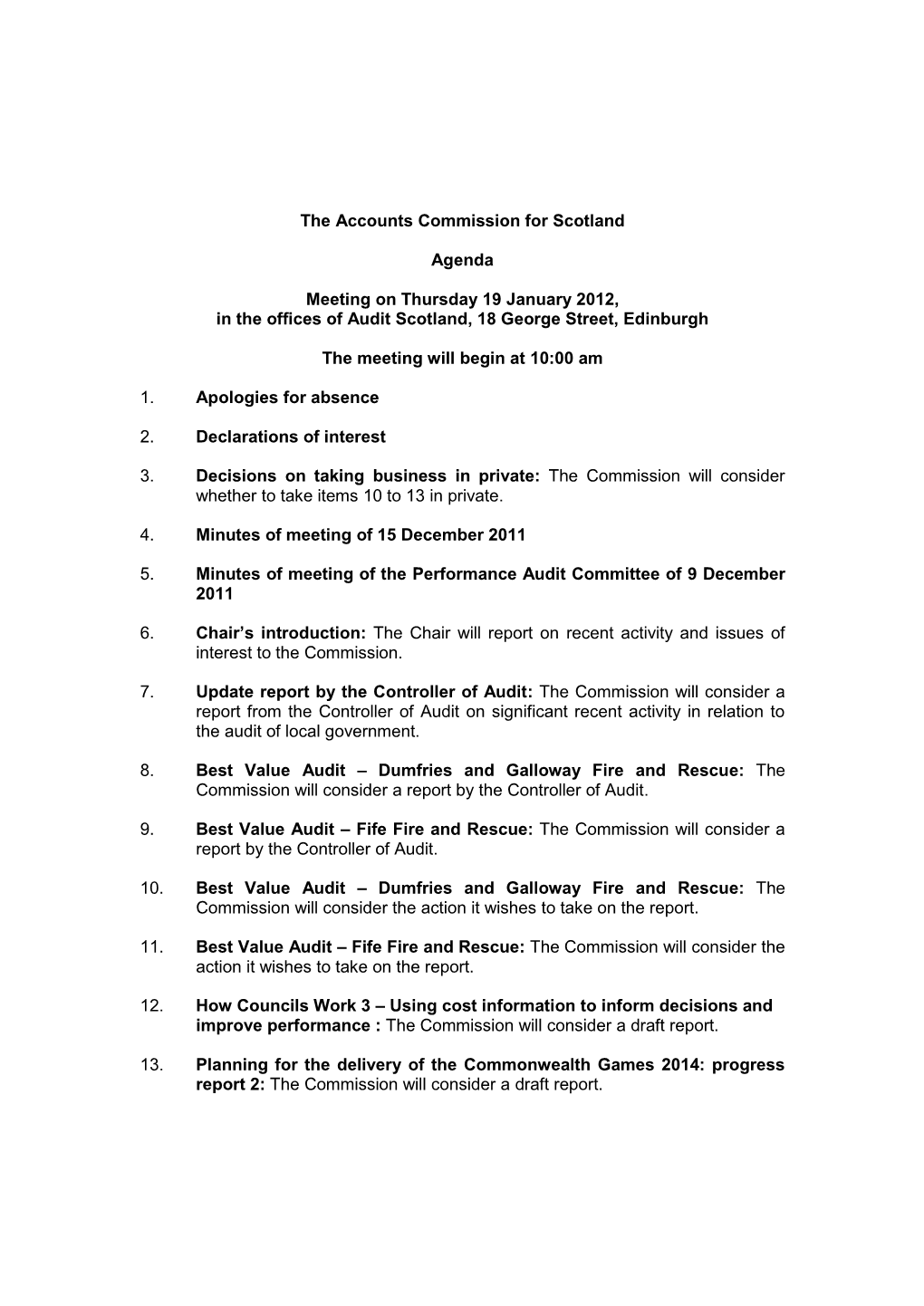 Agenda for the Meeting of the Accounts Commission
