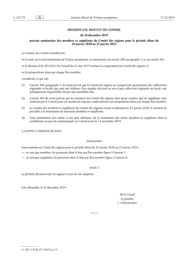 2019/2157 DU CONSEIL Du 10 Décembre 2019 Portant Nomination Des Membres Et Suppléants Du Comité Des Régions P