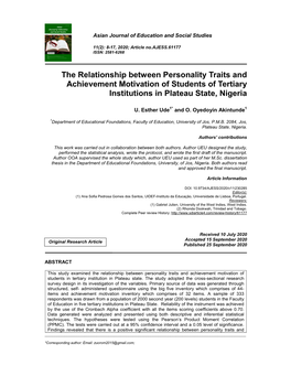 The Relationship Between Personality Traits and Achievement Motivation of Students of Tertiary Institutions in Plateau State, Nigeria