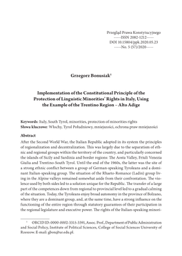 Grzegorz Bonusiak1 Implementation of the Constitutional Principle of the Protection of Linguistic Minorities' Rights in Italy