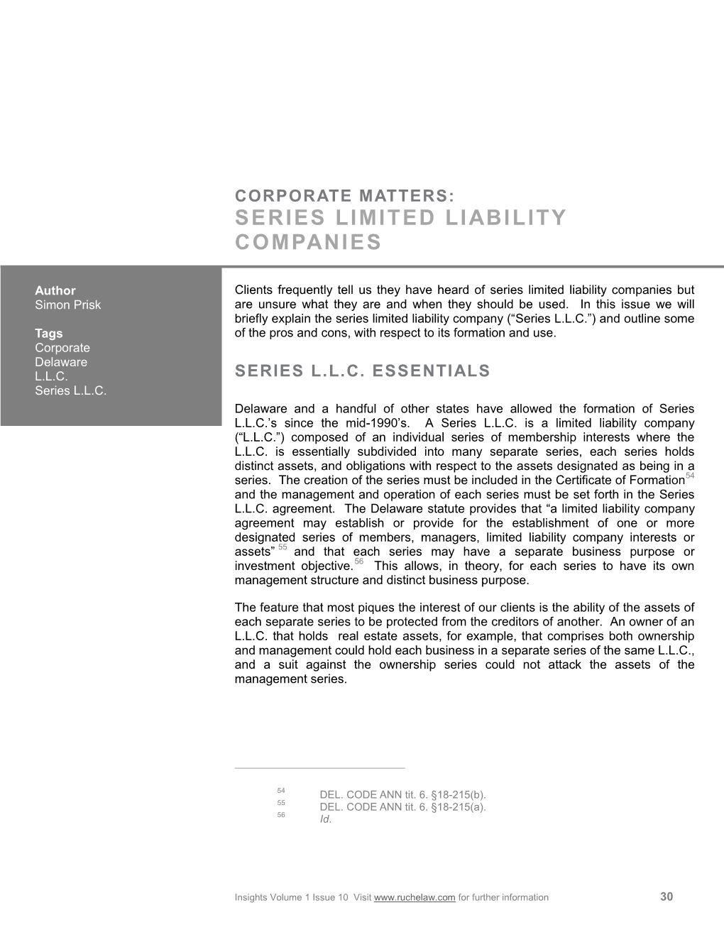 Corporate Matters: Series Limited Liability Companies