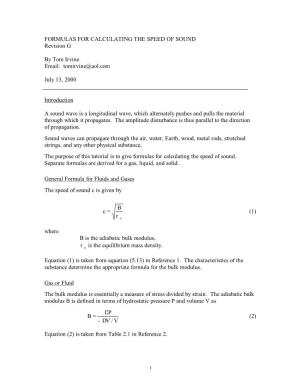 FORMULAS for CALCULATING the SPEED of SOUND Revision G