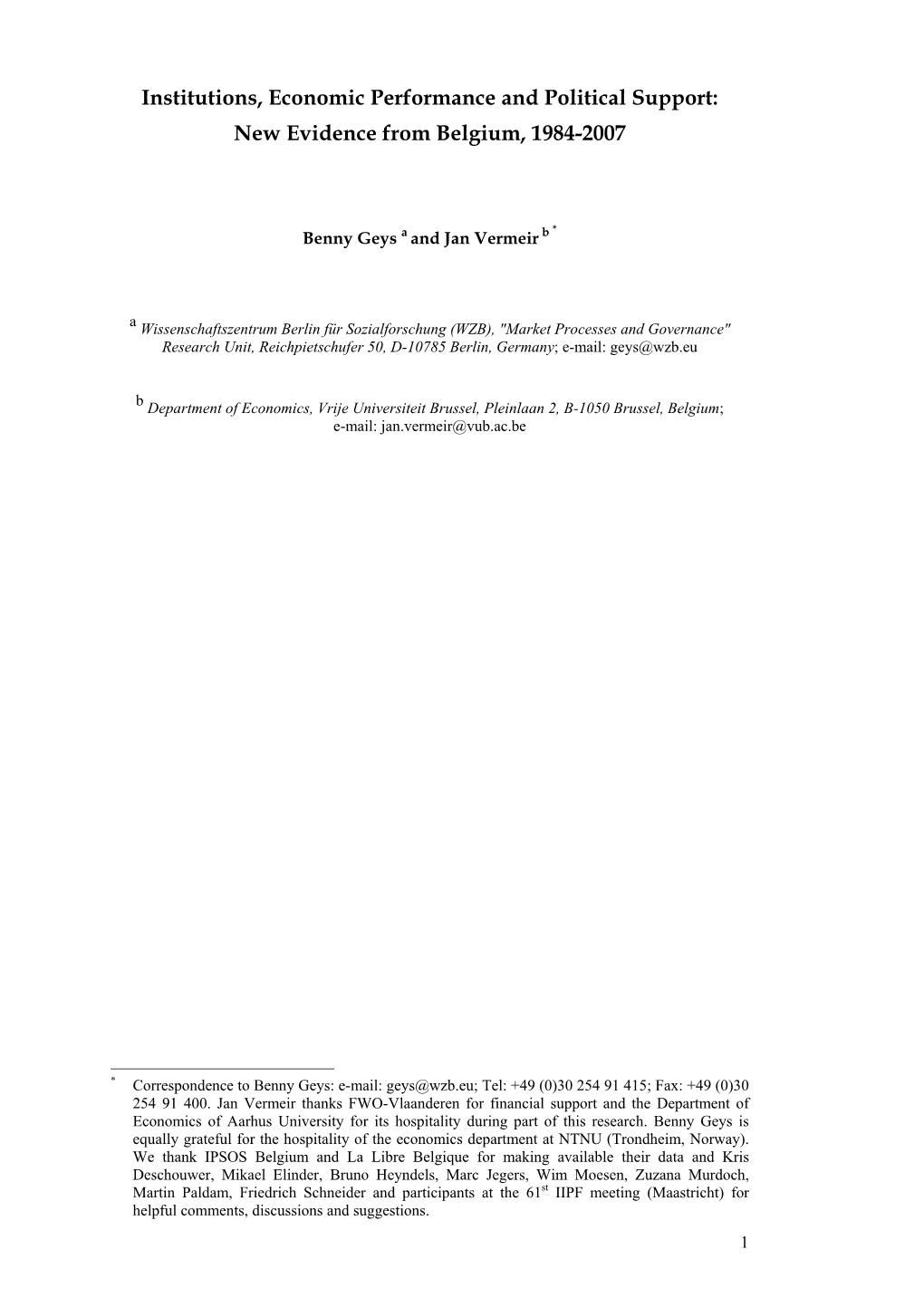 Institutions, Economic Performance and Political Support: New Evidence from Belgium, 1984-2007