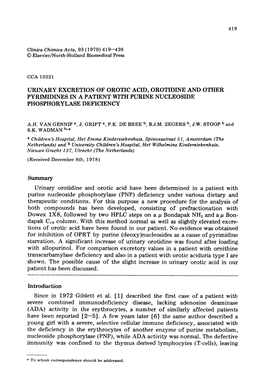 Urinary Excretion of Orotic Acid, Orotidine and Other Pyrimidines in a Patient with Purine Nucleoside Phosphorylase Deficiency