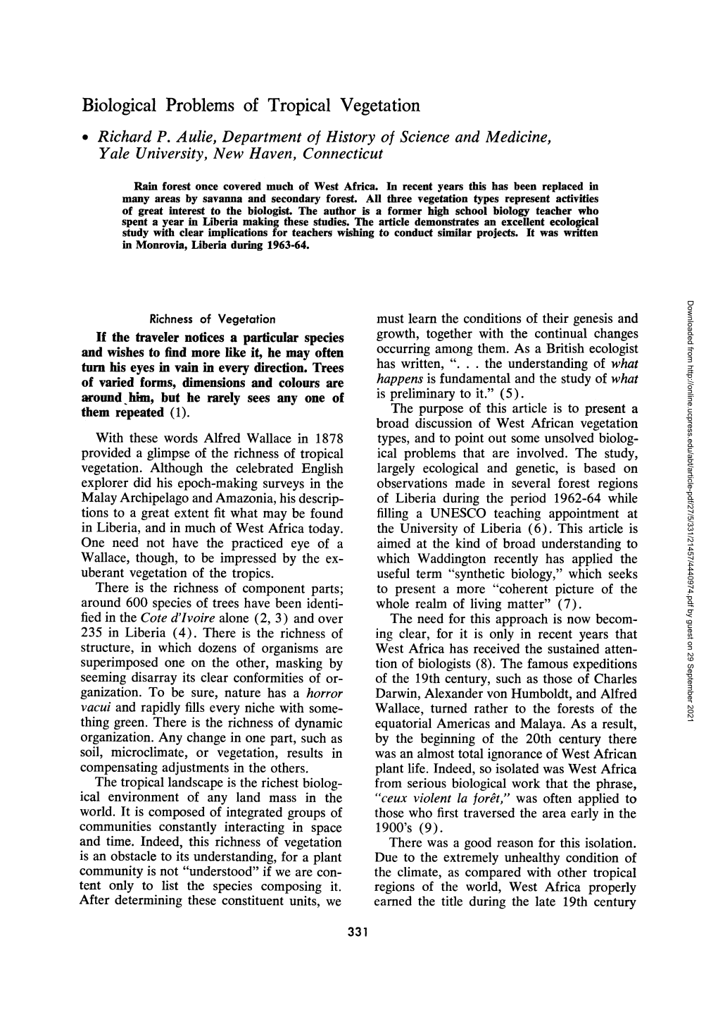 Biological Problems of Tropical Vegetation * Richard P