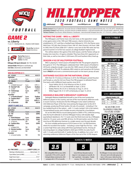 GAME 2 the Hilltoppers and Flames Have Only Met Twice, As the Opposition Swept a Two-Game Series in the 1995 and 1996 Seasons