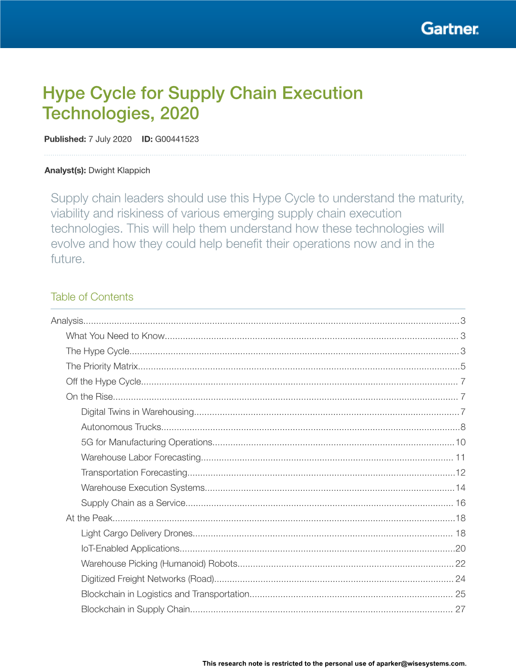 Hype Cycle for Supply Chain Execution Technologies, 2020