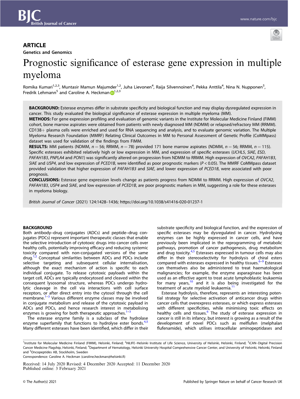 Prognostic Significance of Esterase Gene Expression in Multiple Myeloma