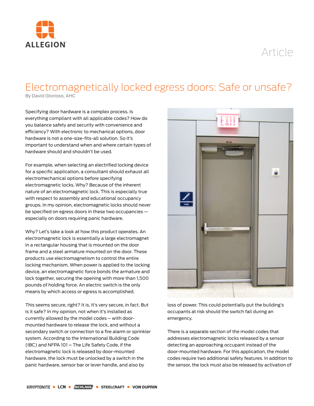 Electromagnetically Locked Egress Doors: Safe Or Unsafe? by David Glorioso, AHC