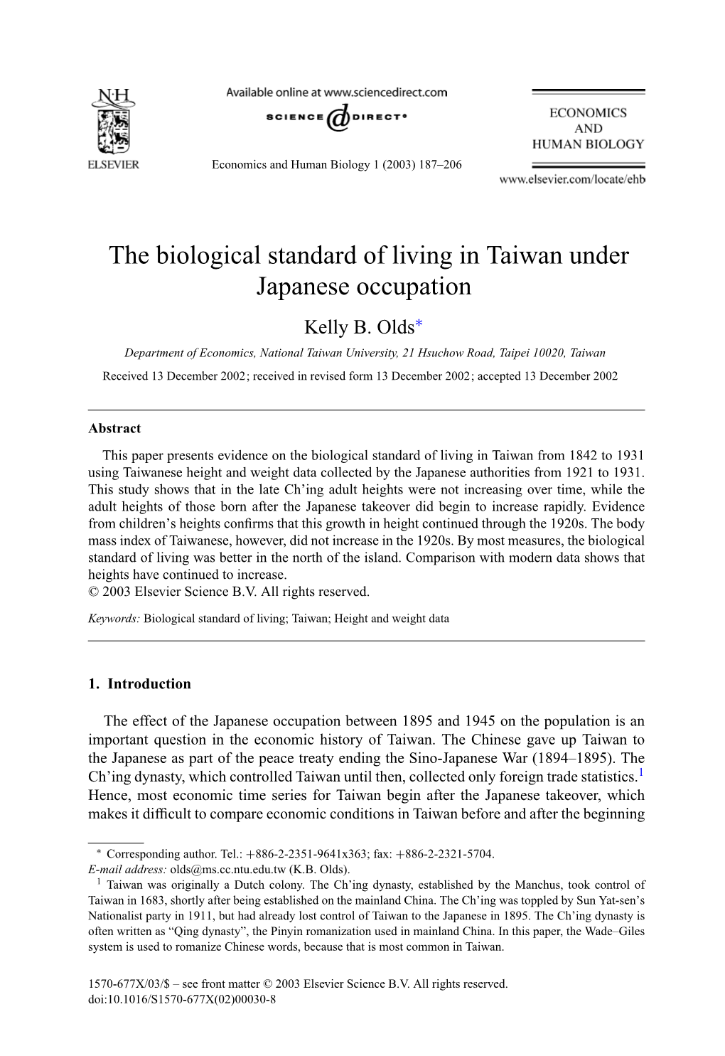 The Biological Standard of Living in Taiwan Under Japanese Occupation Kelly B