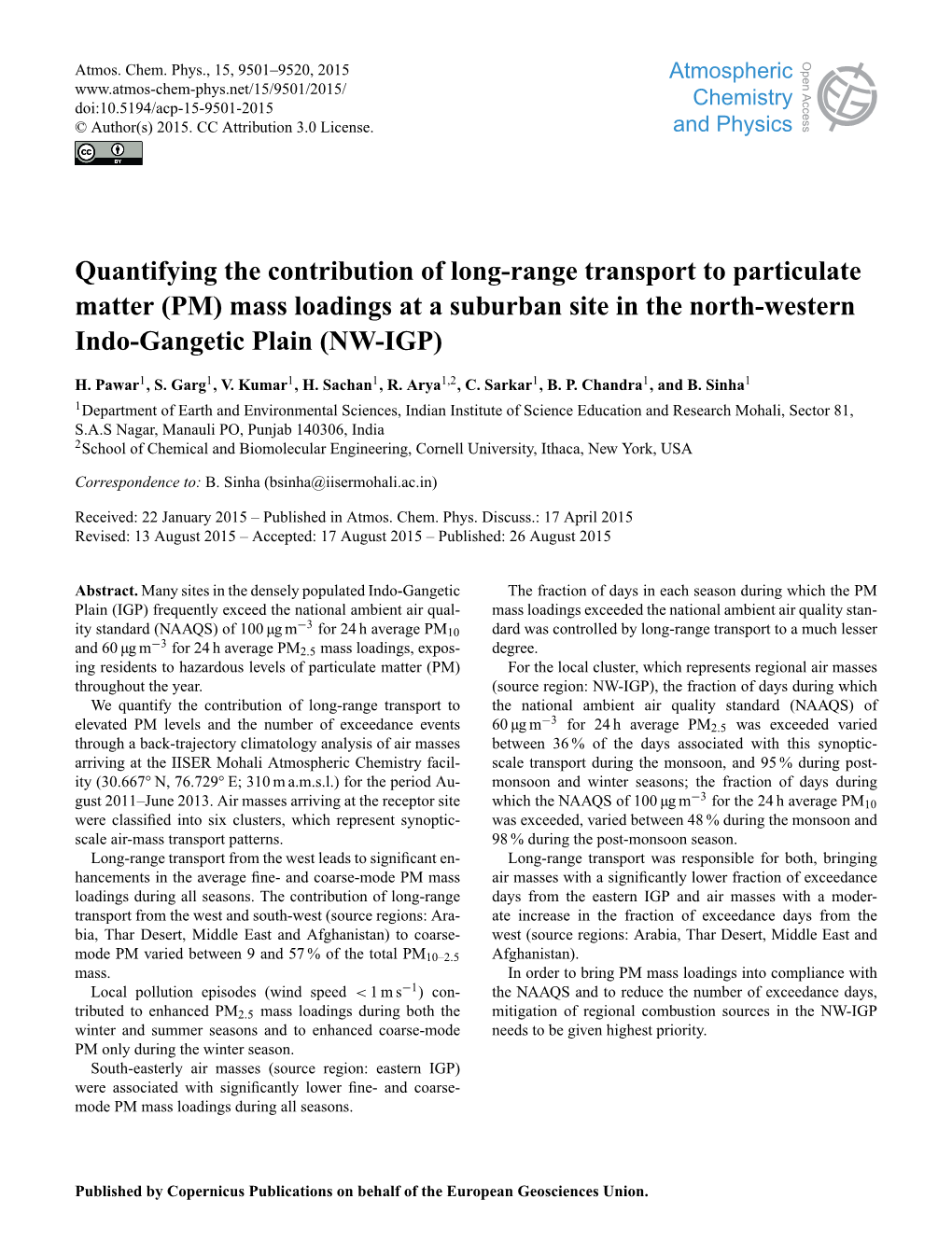 Quantifying the Contribution of Long-Range Transport to Particulate Matter (PM) Mass Loadings at a Suburban Site in the North-Western Indo-Gangetic Plain (NW-IGP)