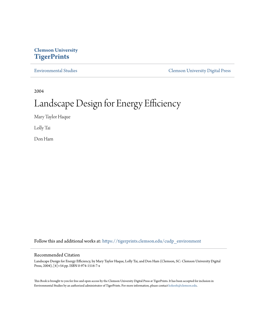 Landscape Design for Energy Efficiency Mary Taylor Haque