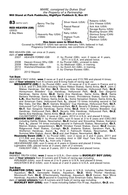 MARE, Consigned by Dukes Stud the Property of a Partnership Will Stand at Park Paddocks, Highflyer Paddock G, Box 81